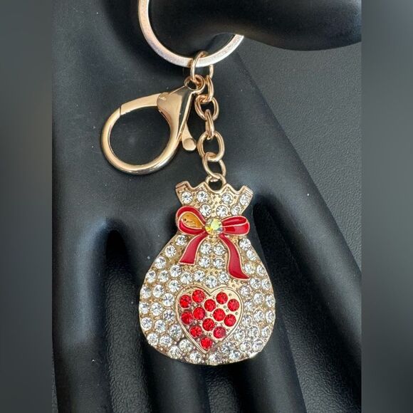 Source Unknown Accessories - BAG CHARM  Gold Tone Crystal Red Heart and Bow Purse Charm Keychain NWT